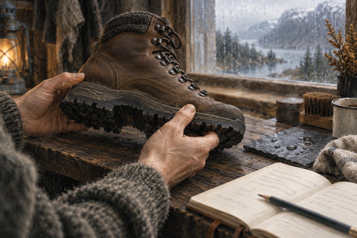 Hender undersøker sømmene og sålen på en fjellstøvel ved et vindu, med notatbok og blyant på benken.