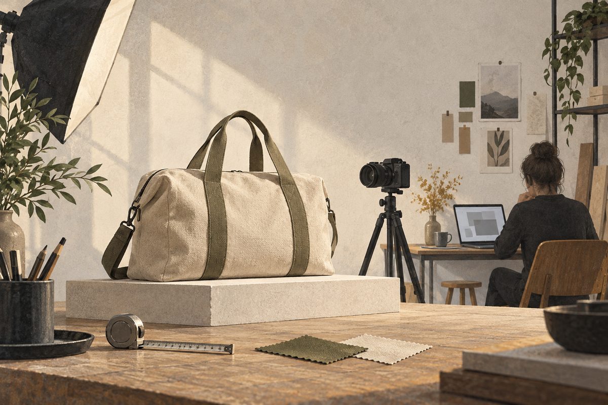En lerretsekk fotograferes i et lyst studio, mens en person arbeider ved en skjerm med målebånd og stoffprøver i forgrunnen.