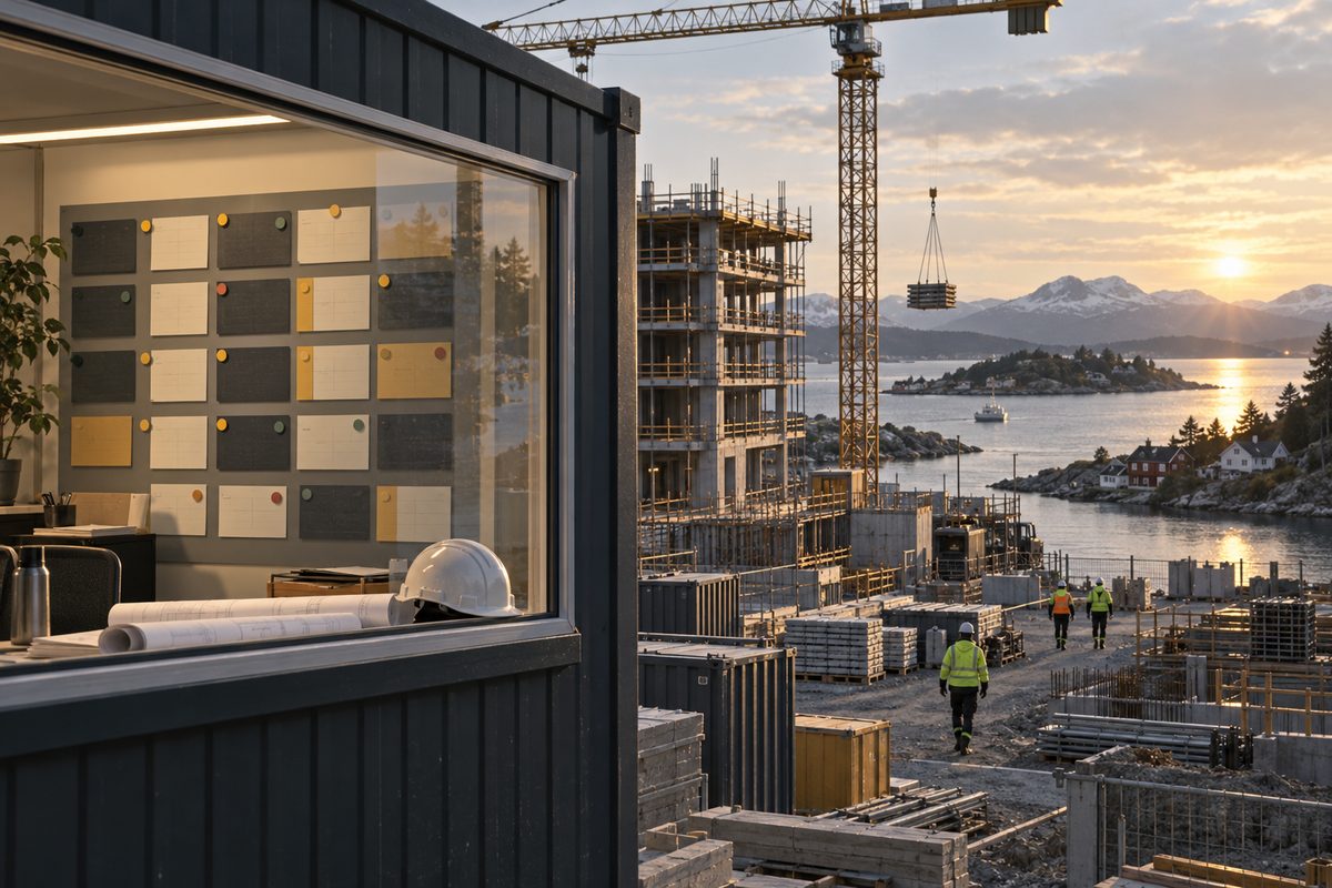 Et prosjektkontor med fargekodede kort og hjelm vender ut mot en byggeplass ved fjorden i varmt kveldslys.