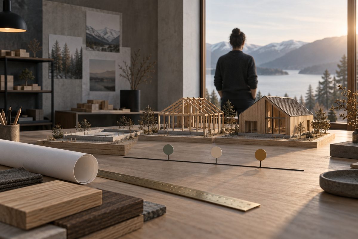 En arkitekt vurderer en byggemodell med tre stadier og en enkel tidslinje ved vinduet mot fjellene.