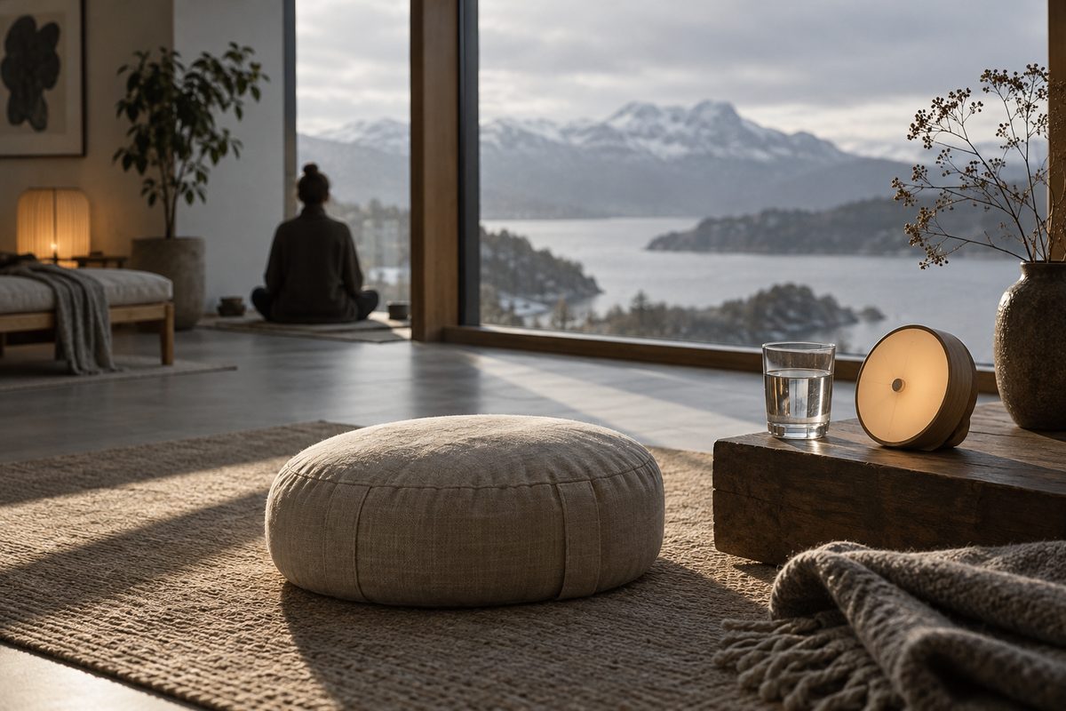 I et nordisk rom ligger en meditasjonspute ved glass vann og en enkel timer, mens en silhuett ser ut mot fjorden.