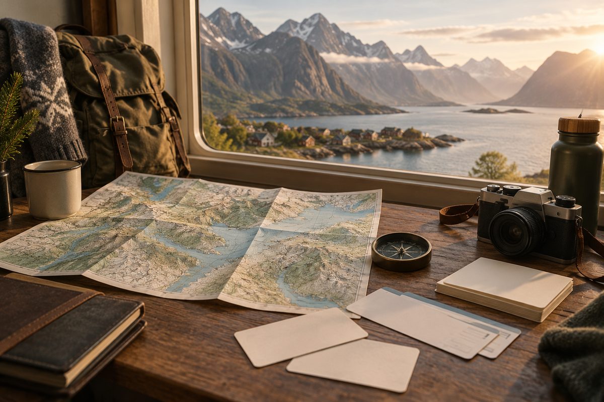 Et kart, kompass og reisefølge ligger på et trebord foran vinduet, med en fjord og fjell i gyllent morgenlys.