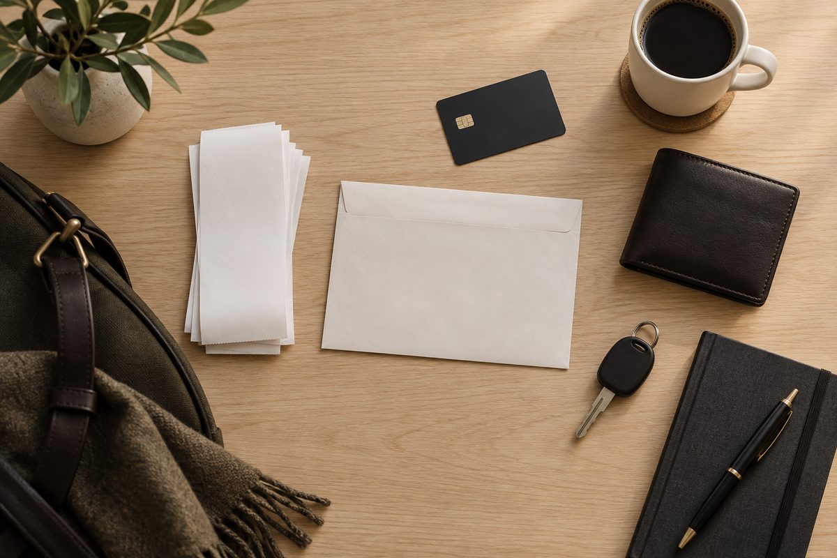Blank kvitteringsstrimler, konvolutt, betalingskort, kaffekopp og bilnøkkel ligger sortert på et lyst trebord.