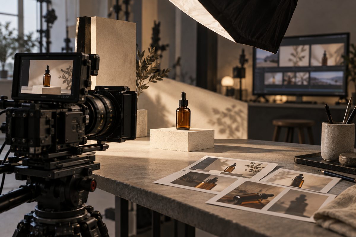 Et filmkamera peker mot en ravfarget flaske på en sokkel, med studiobelysning og produktbilder på bordet.
