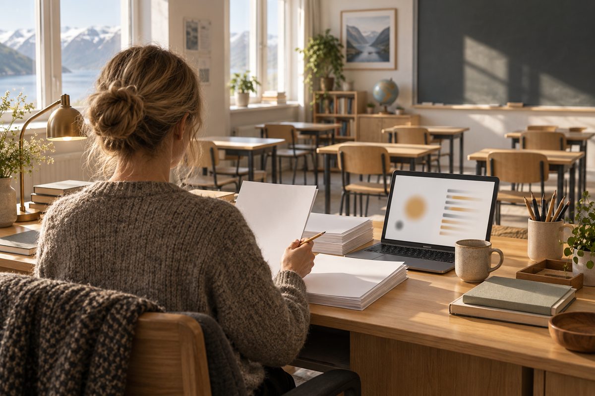 En lærer sett bakfra retter blanke elevark ved en laptop i et lyst klasserom.