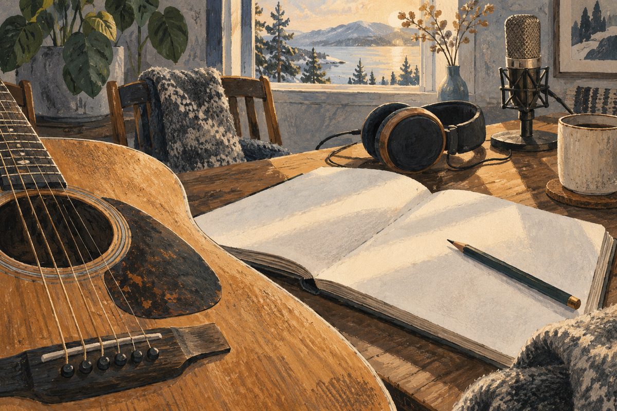 Akustisk gitar, hodetelefoner og åpen blank notatbok med blyant ligger i et dempet nordisk musikkrom.