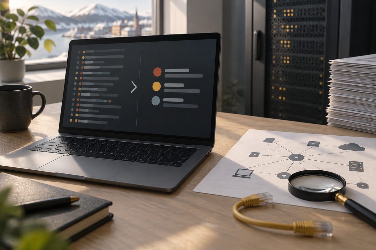 En bærbar viser en prioritert risikokø ved siden av nettverkskart, lupe og kabel på et lyst kontor med serverrack.