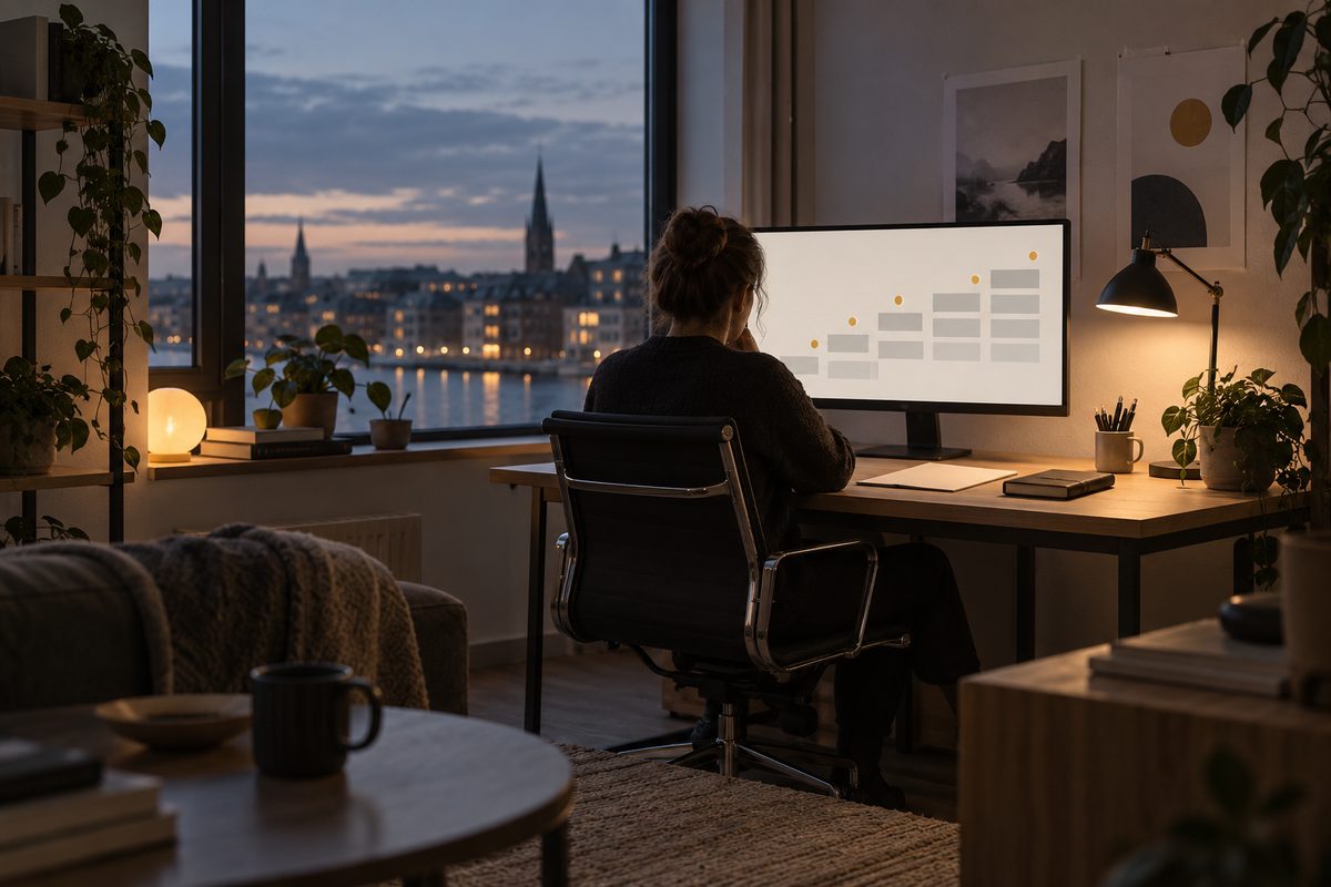 En person bakfra ser på stigende blokker på en skjerm, mens bylys tennes utenfor kontorvinduet.
