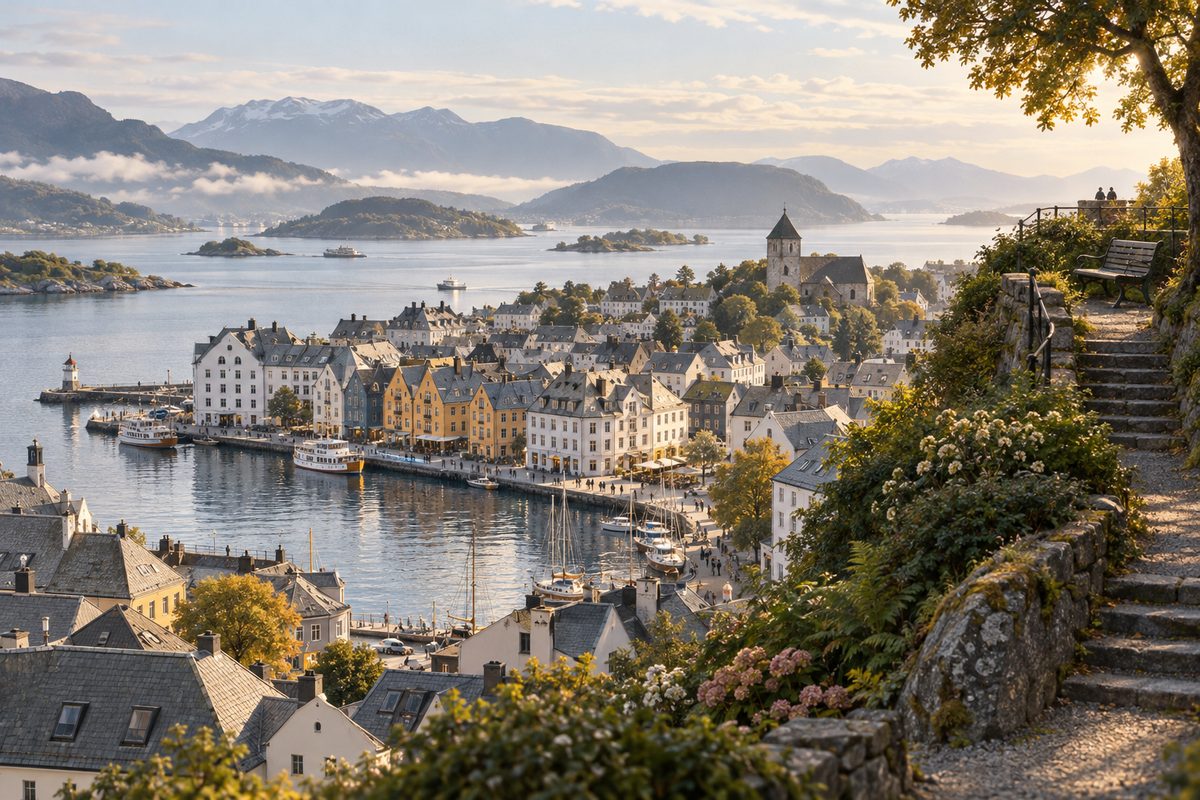 Et norsk kyststed ligger ved fjorden, mens en smal trapp leder opp til en rolig utsiktsplass mellom trærne.