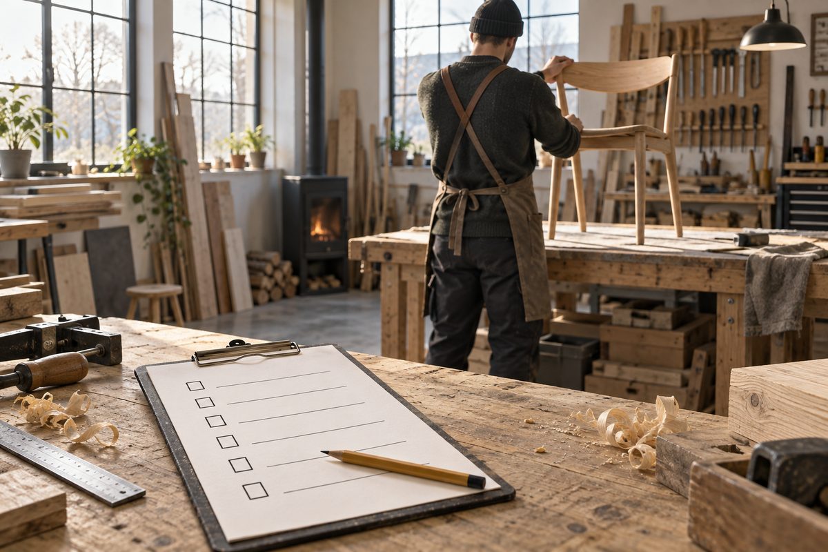 En håndverker kontrollerer en stol i et lyst verksted, med en tom sjekkliste og blyant på arbeidsbenken.