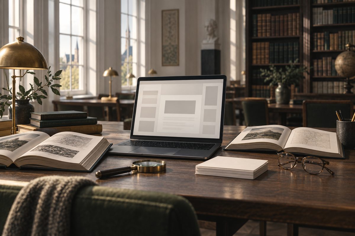 En åpen bærbar med lyse felt står mellom oppslåtte bøker og notatark på et mørkt bord i et vindusbelyst bibliotek.