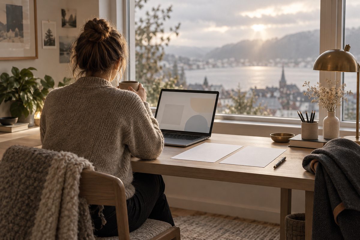En person sett bakfra arbeider ved en laptop på et lyst hjemmekontor med utsikt over en norsk fjordby.