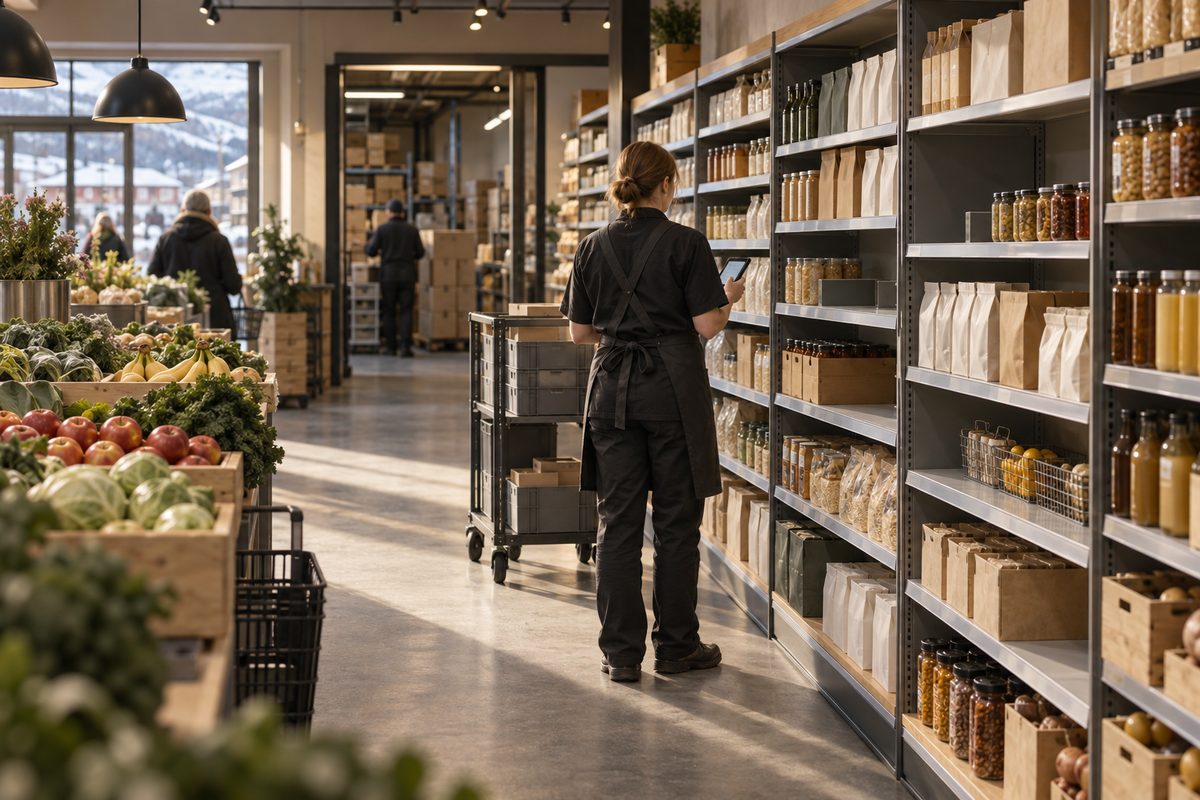 En butikkansatt sett bakfra vurderer varehyller mens frukt og lagerkasser fyller en lys nordisk dagligvarebutikk.