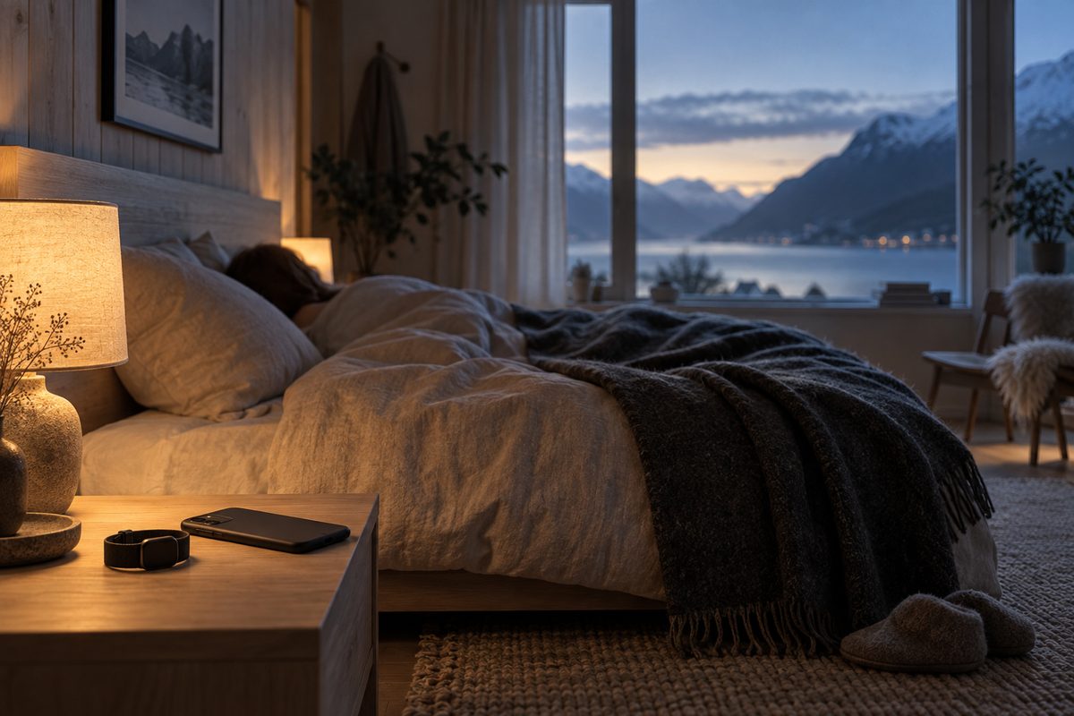 En person sover under et ullteppe i et mørkt nordisk soverom, med mobil og aktivitetsarmbånd på nattbordet.