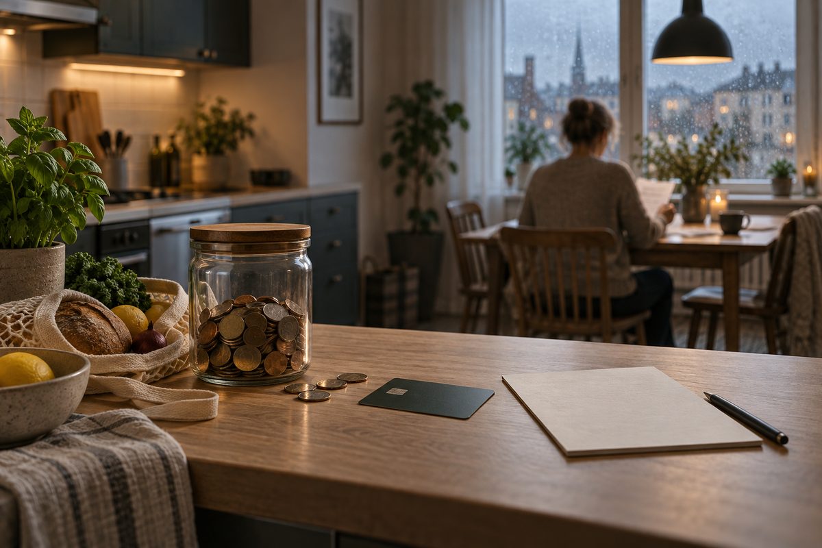 Et glass med sparepenger står ved en dagligvarepose på kjøkkenbenken, mens en person gjennomgår papirene ved vinduet.