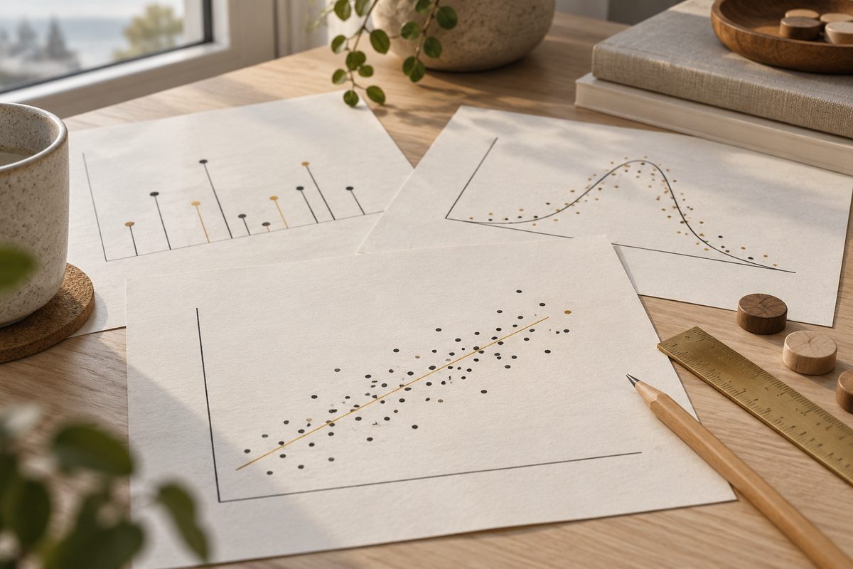 Umerkede statistiske plott med punkter, en kurve og søylediagrammer ligger på papir ved siden av blyant, linjal og trebrikker.