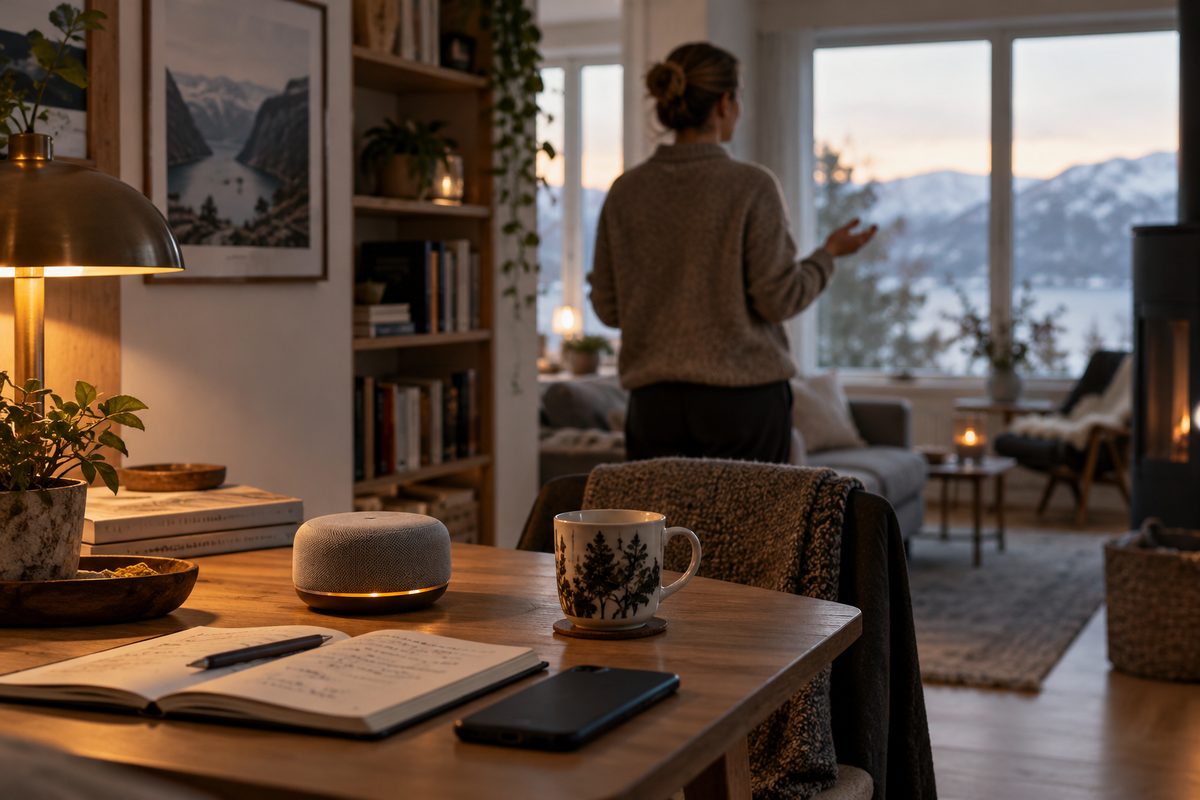 En person sett bakfra snakker mot en liten høyttaler i et lunt nordisk hjemmekontor med notatbok og kaffekopp.