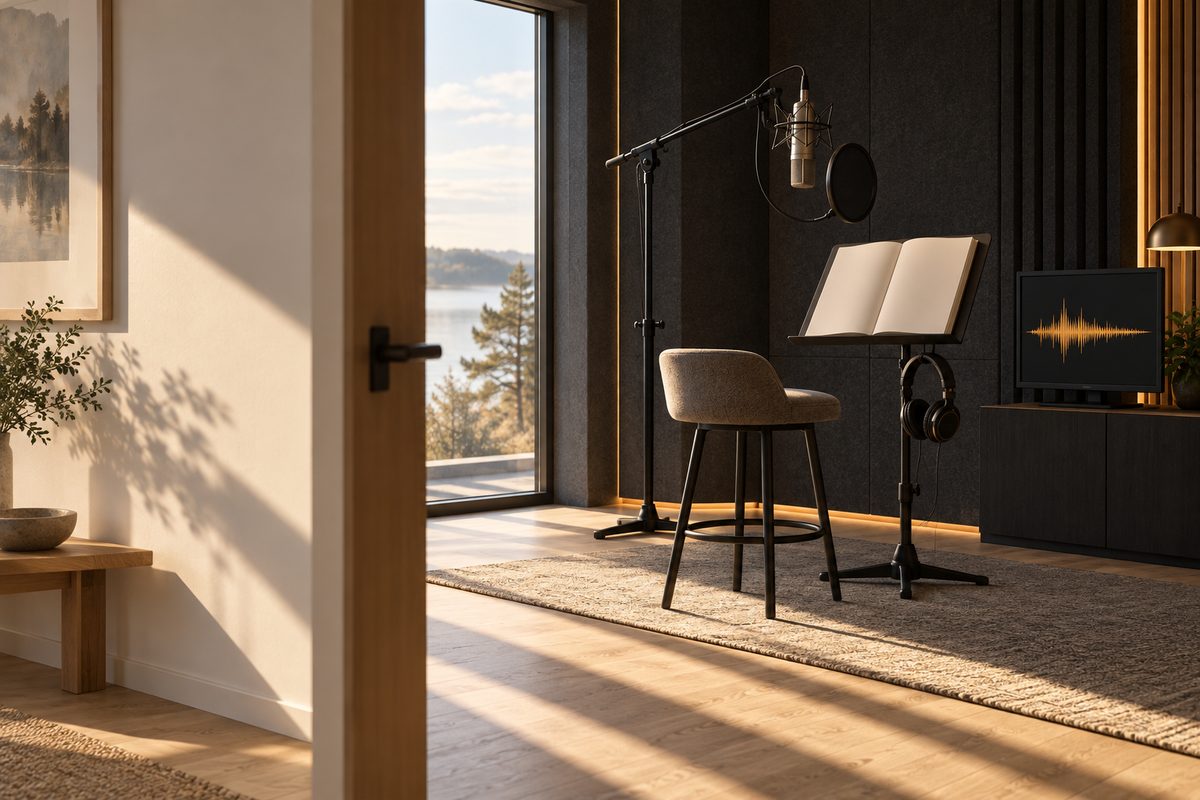Sollys faller inn i et lydstudio med mikrofon, en åpen bok, hodetelefoner og en skjerm som viser en gyllen lydbølge.