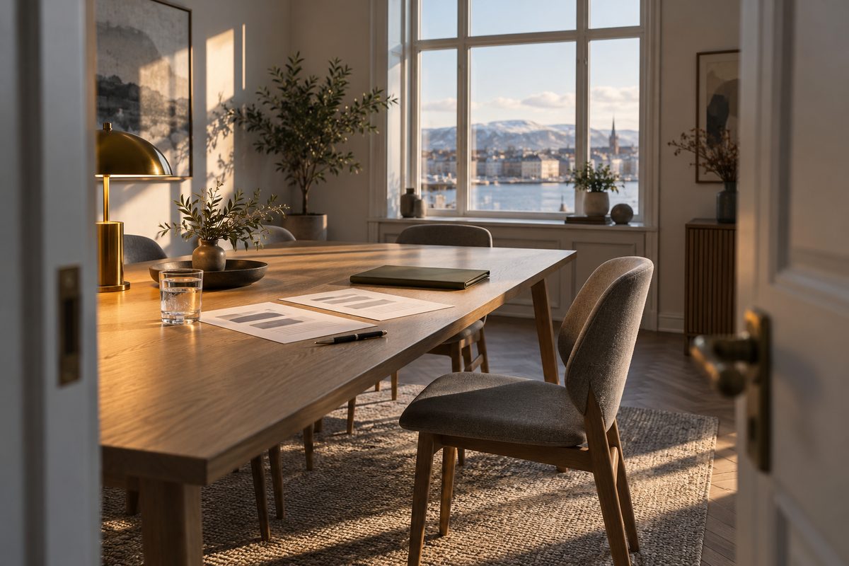 Lys fra et høyt vindu faller over utkastark, penn og mappe på et bord i et nordisk møterom med en tom stol.