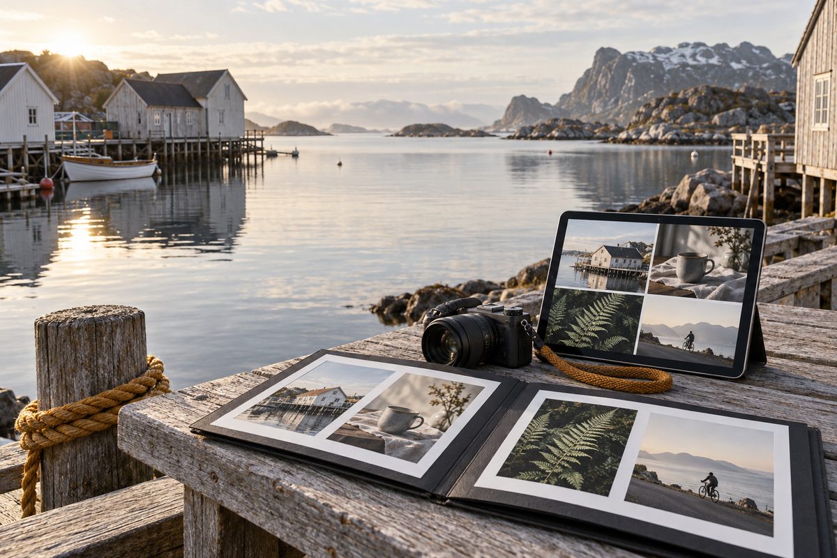 Et kamera, et fotoalbum og et nettbrett med ulike fotografier ligger på en trebrygge foran en stille havn med fjell.