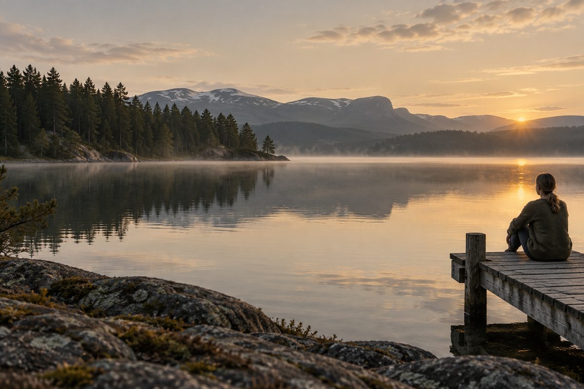 En liten person sett bakfra sitter på en brygge ved en stille innsjø, omgitt av furutrær og myke morgenfarger.