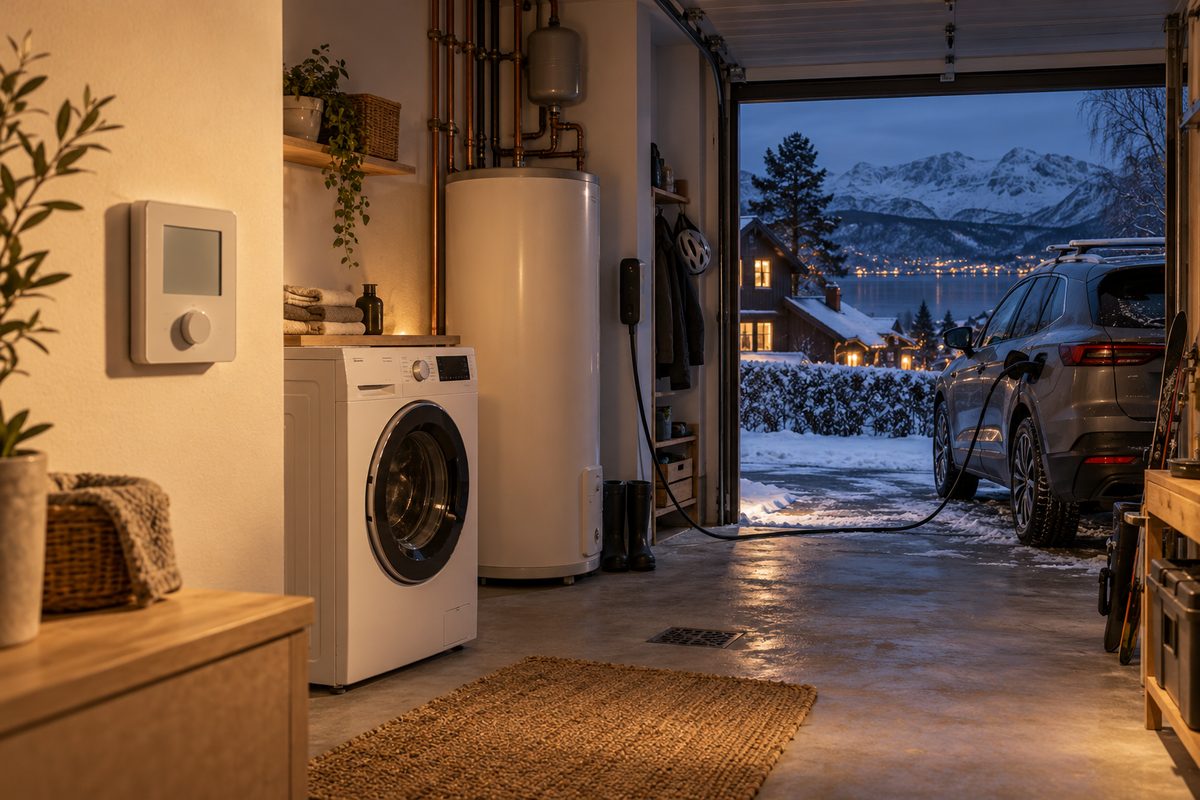 I et opplyst vaskerom står vaskemaskin og varmtvannsbereder ved en termostat, mens en ladekabel går til bilen ute.