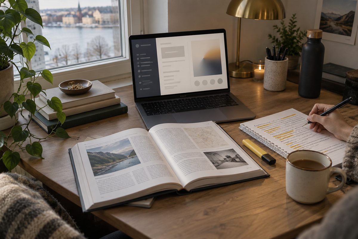 Hender noterer fra en åpen lærebok ved et universitetsbord med laptop, markeringstusj, bøker og varme vinduslys.
