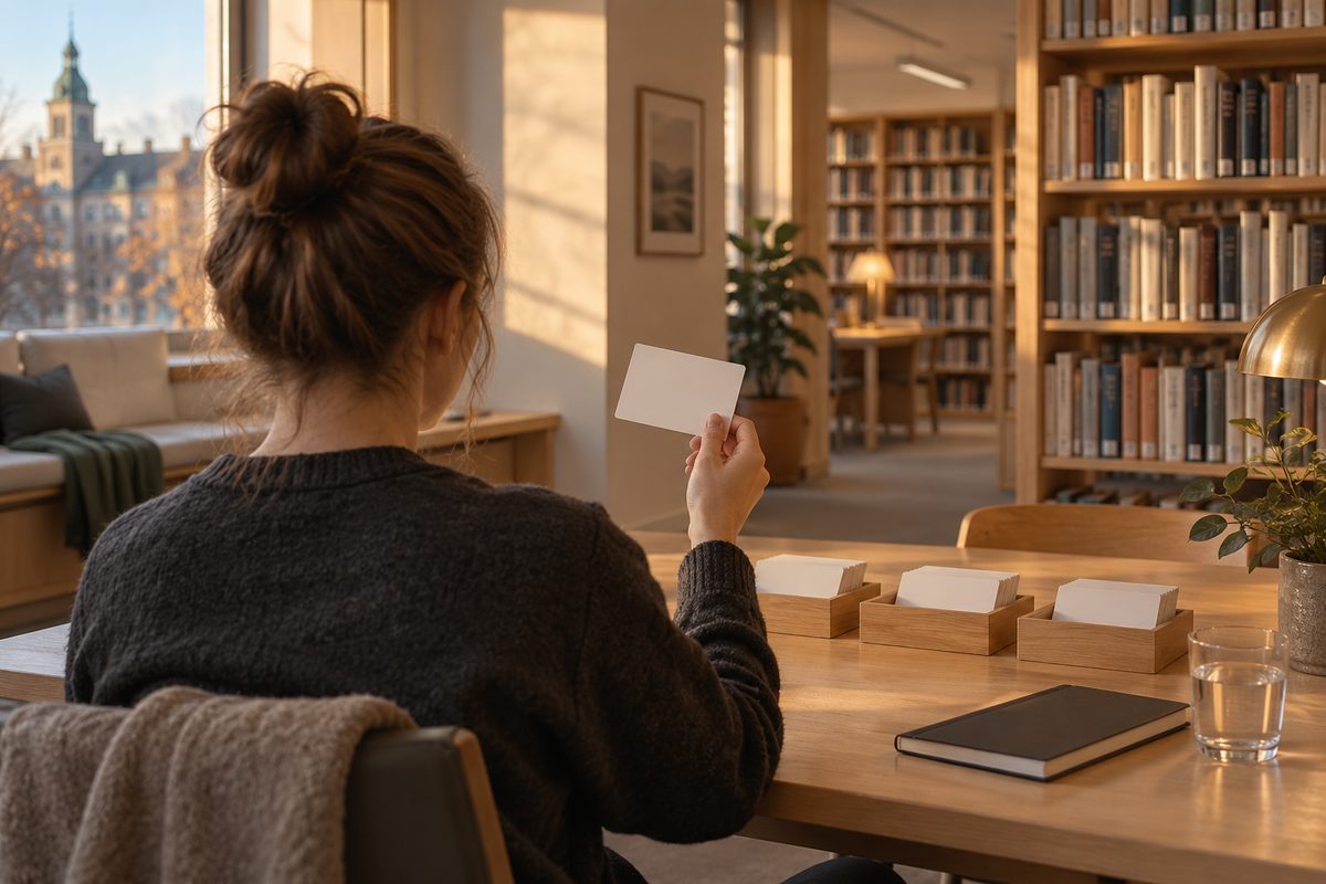 En student sett bakfra holder et blankt kort ved tre kortbrett på bordet i et varmt opplyst bibliotek.