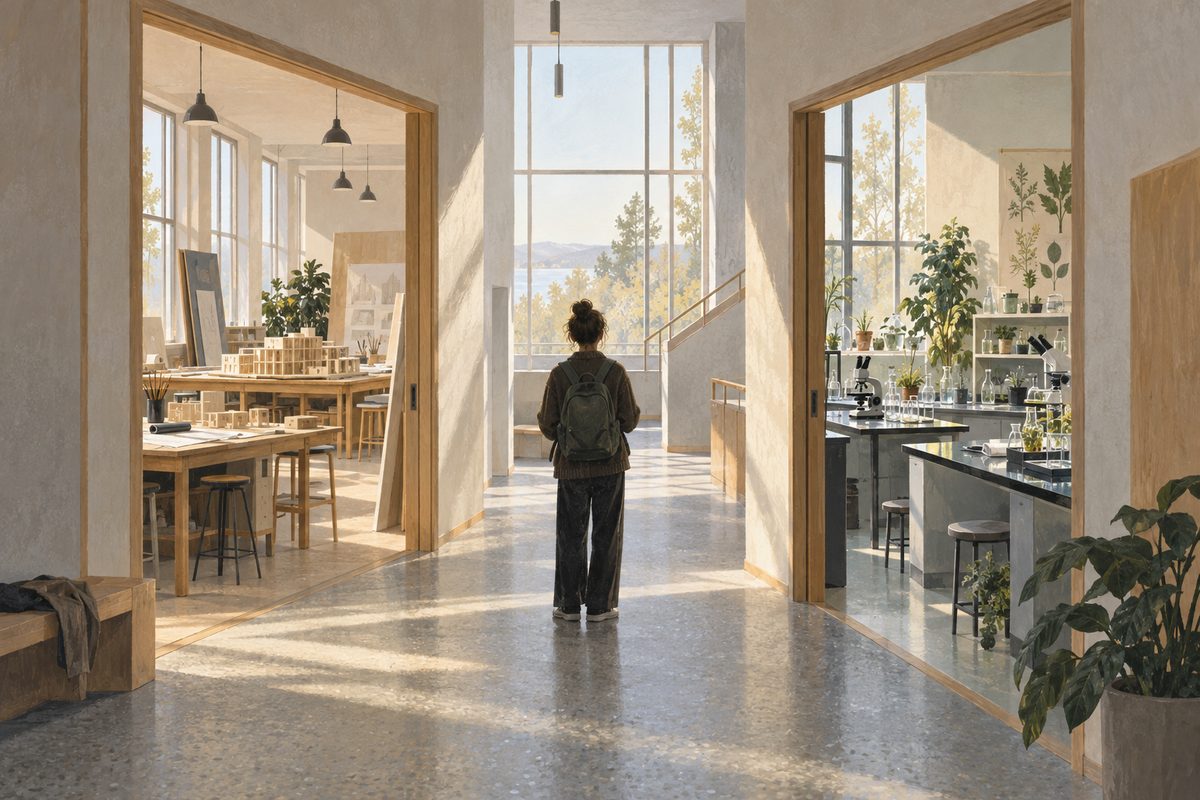 En student sett bakfra står i en lys universitetskorridor mellom et arkitektstudio og et naturfaglig laboratorium.