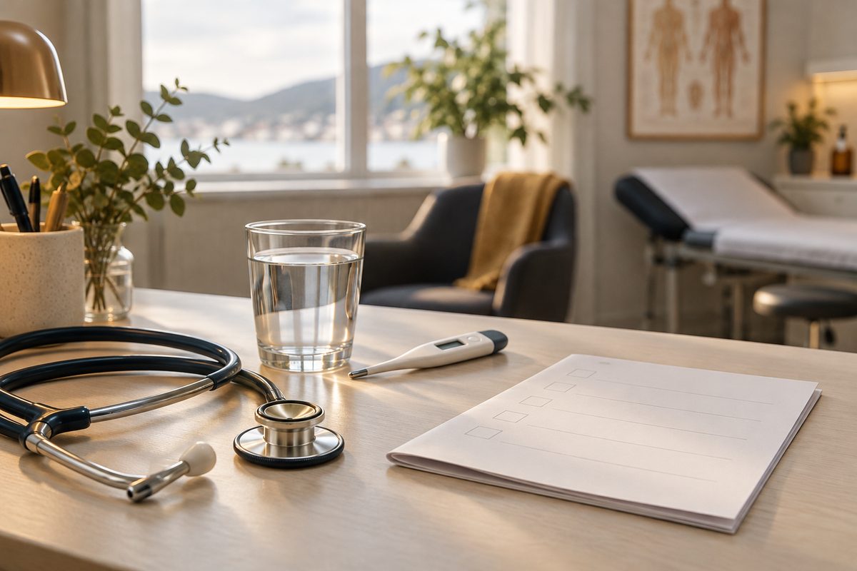 Et stetoskop, termometer, vannglass og et blankt skjema ligger på et lyst bord i et nordisk legekontor.