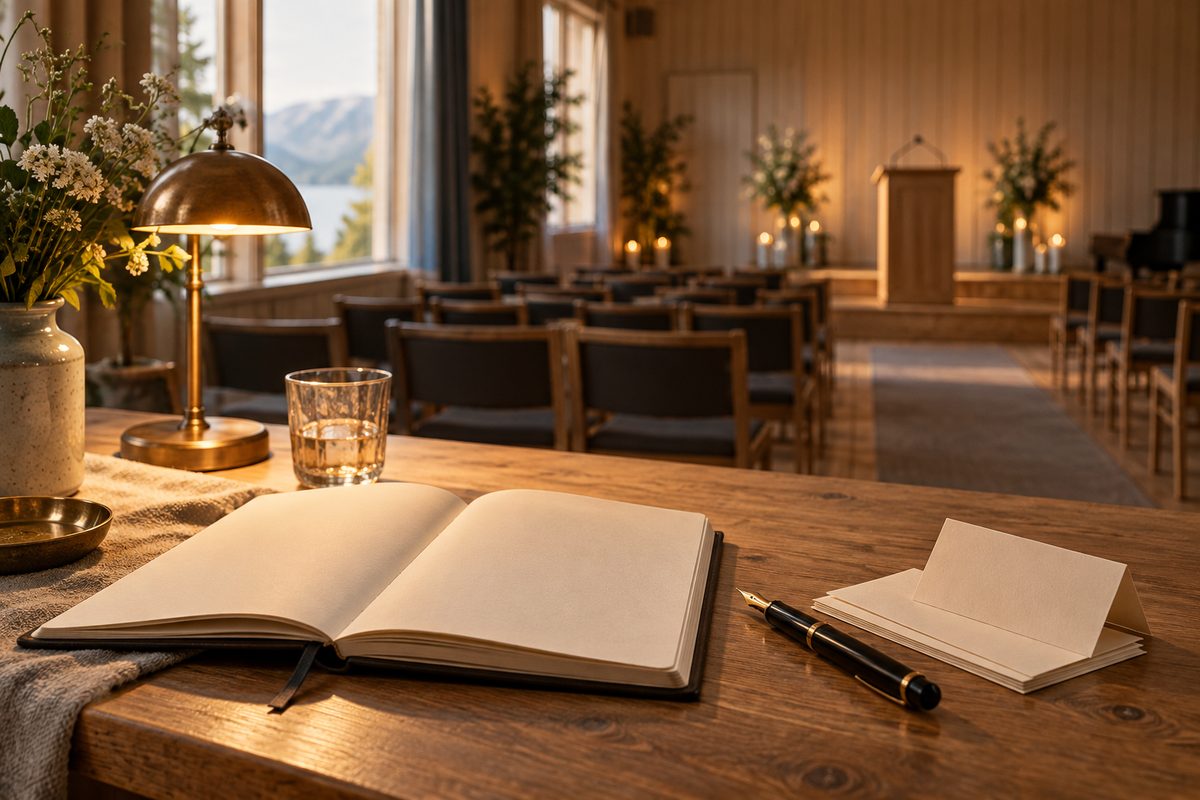 En åpen, blank notatbok og fyllepenn ligger på et trebord foran stoler og talerstol i en lun norsk forsamlingssal.