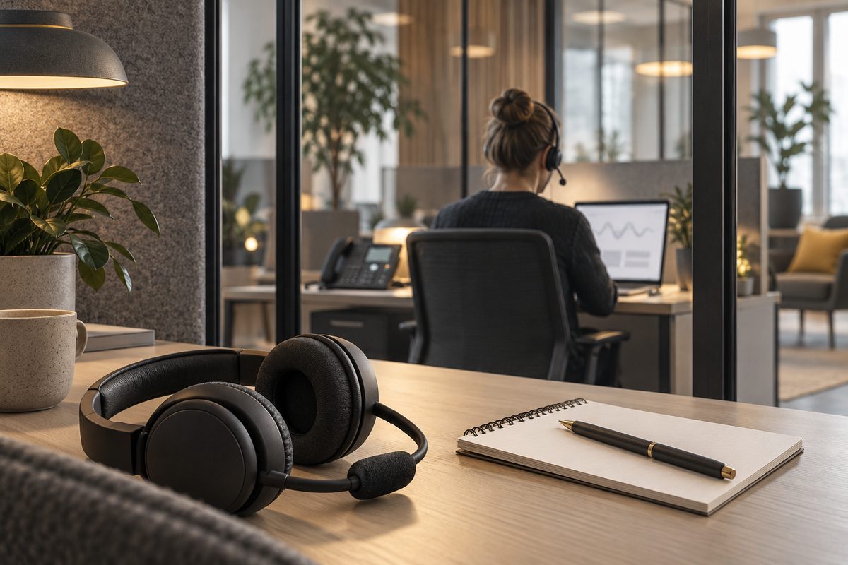 Et svart headset og en blank notatbok ligger i forgrunnen mens en medarbeider snakker i telefon på kontoret.