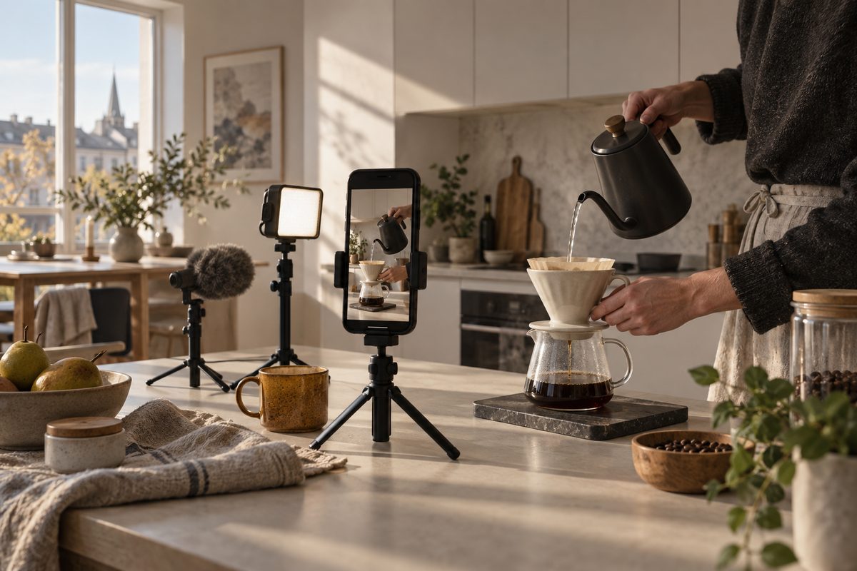 En mobil på stativ filmer hender som brygger kaffe på et lyst kjøkken, med mikrofon og en liten videolampe ved siden av.