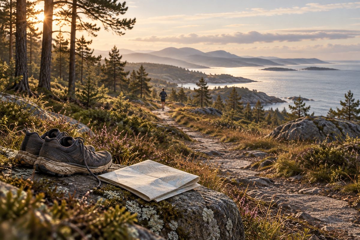 Et par slitte løpesko står ved en steinete kyststi mens en løper beveger seg mot åsene i morgensol.