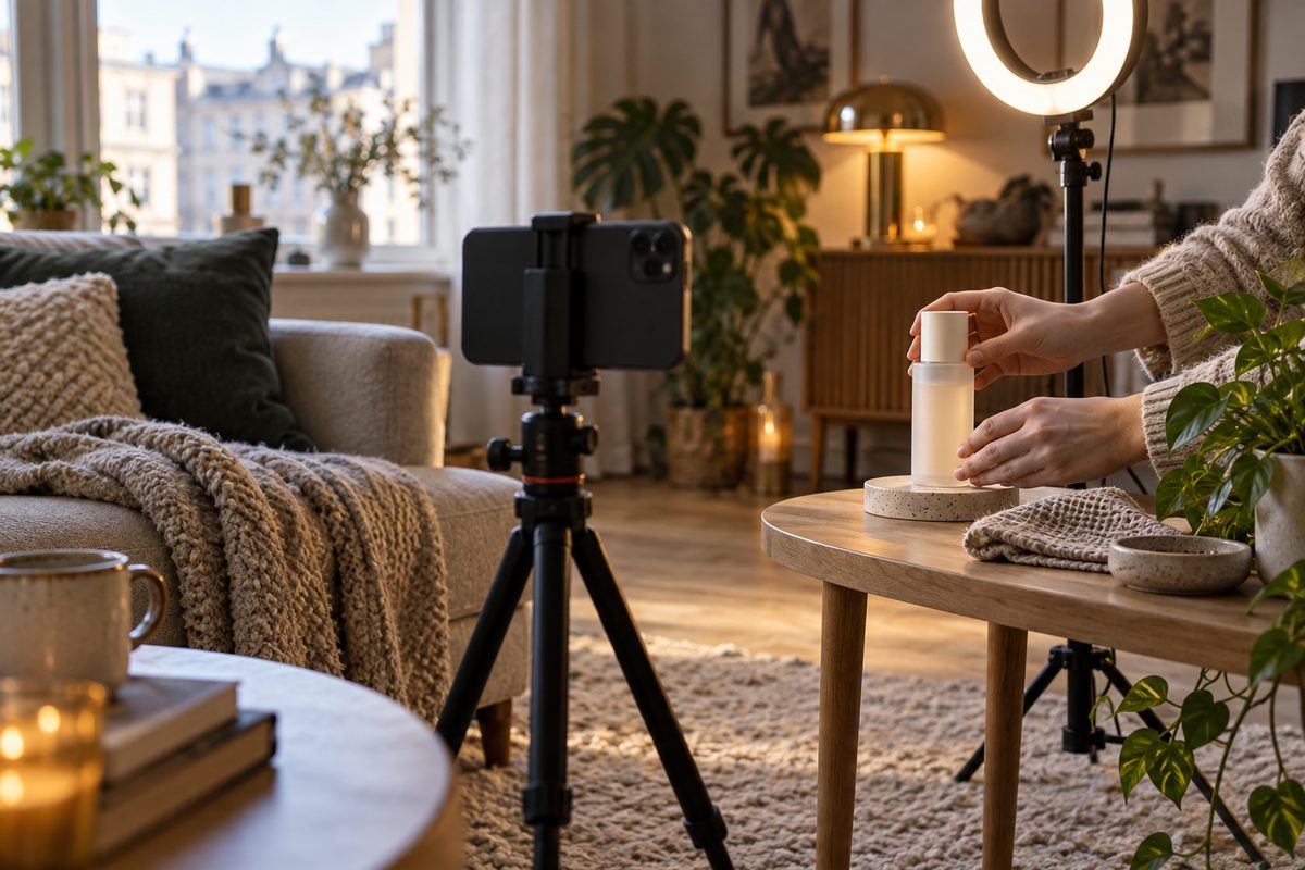 En hånd viser en enkel hudpleieflaske foran mobilkamera og ringlys i en lun, nordisk stue.