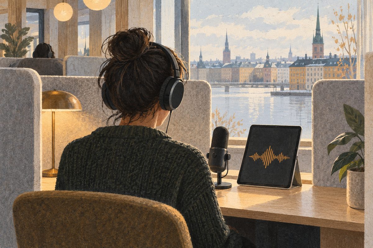 En person sett bakfra øver ved mikrofon med hodetelefoner mens et nettbrett viser en tekstløs lydbølge.