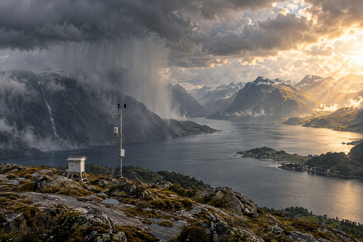 Regnbyger og solgløtt deler fjorden, med et værhus og en målemast på den steinete ryggen i forgrunnen.