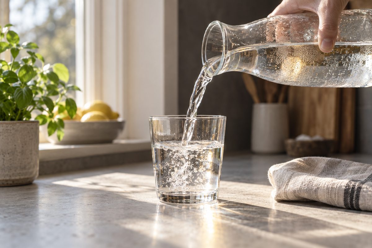 En hånd heller vann fra en glassmugge i et glass på en lys kjøkkenbenk, med plante og tøyklut i mykt dagslys.