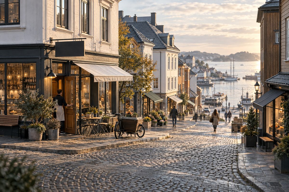 Morgenlys faller over en brosteinsgate med små butikker, en åpen kafédør og mennesker på vei mot havnen.