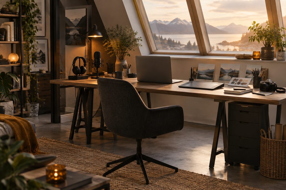 Et arbeidsrom med bærbar datamaskin, mikrofon, hodetelefoner, tegnebrett og kamera ved et stort vindu mot fjorden.