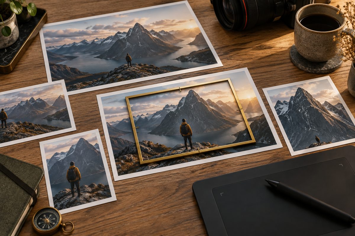 Fotografier av fjell og en turgåer ligger på et trebord med gyllen utsnittsramme, tegnebrett og kameralinse.