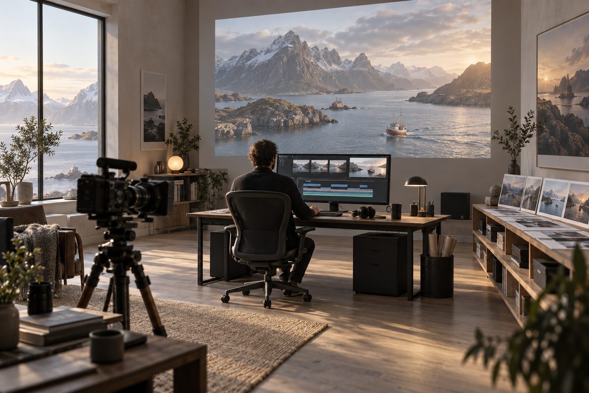 En videoredigerer sett bakfra arbeider med kystopptak i et lyst studio med kamera på stativ og et stort landskap på veggen.