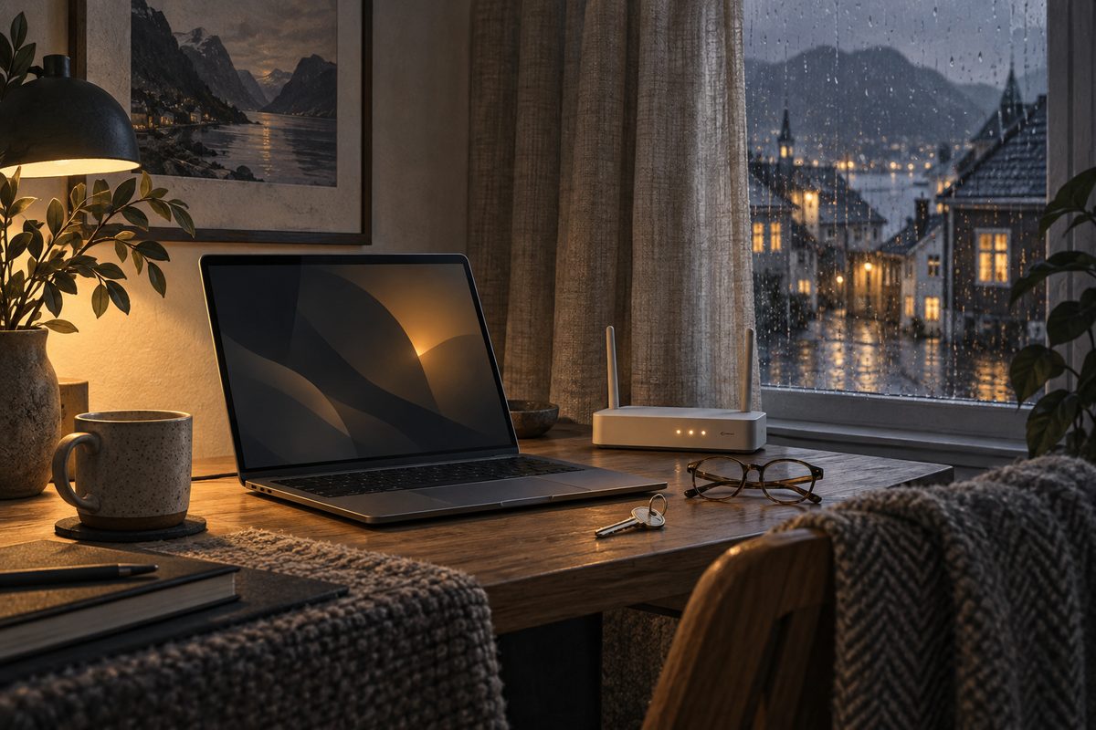 En laptop med abstrakt lys står på et skrivebord ved en ruter, nøkkel og briller foran et regnvått vindu.