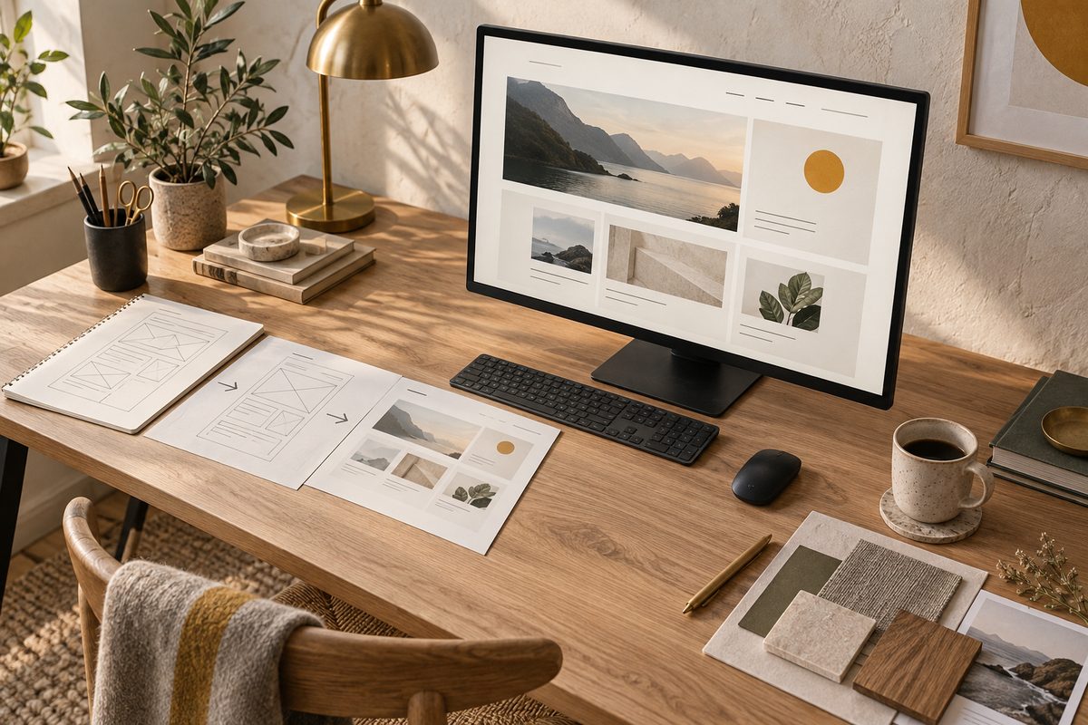En skjerm med en enkel nettsidelayout står ved siden av håndtegnede wireframes, fargeprøver og designverktøy på et lyst skrivebord.