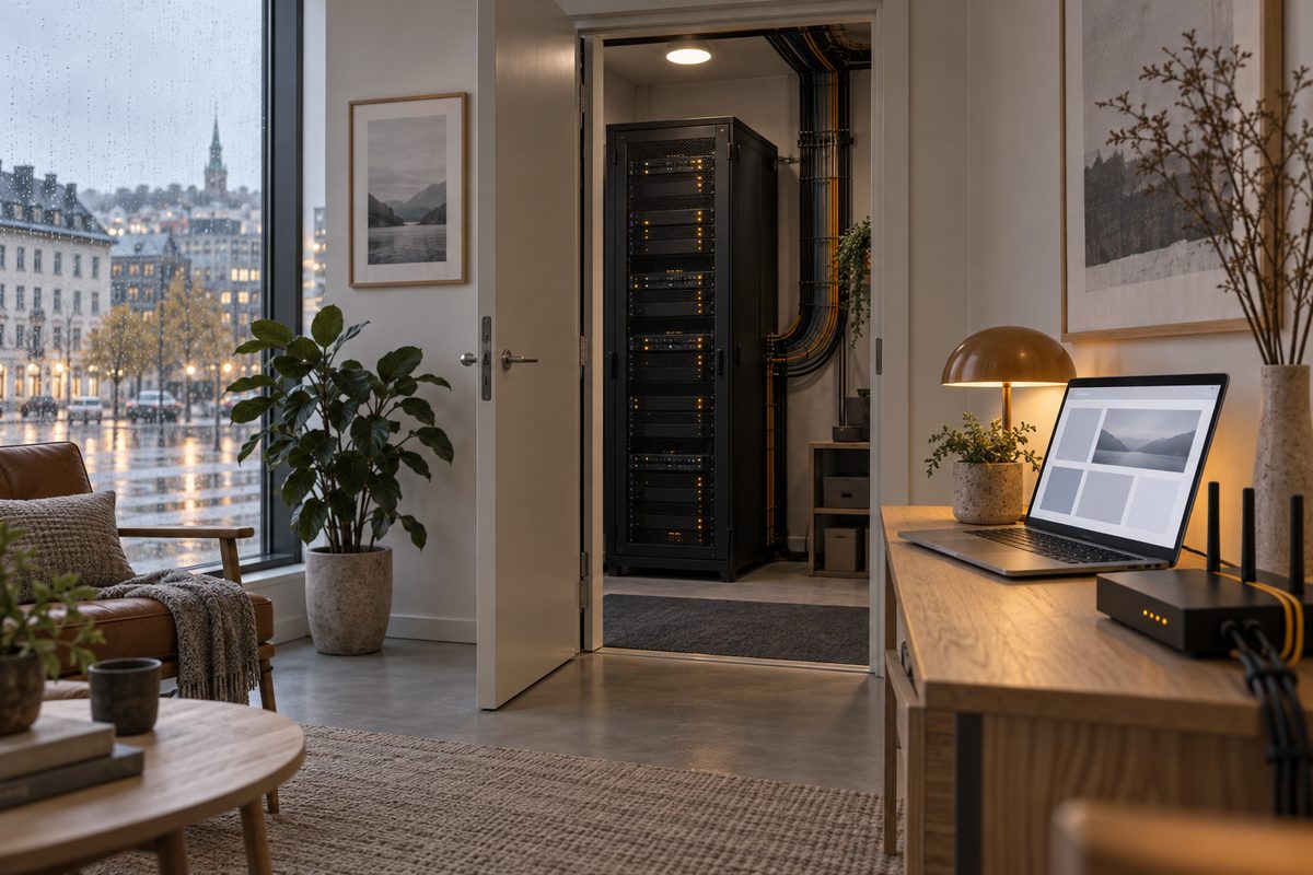 Et serverrack står i et åpent rom bak en laptop med enkel nettsidelayout, mens regn legger en nordisk bygate i bakgrunnen.