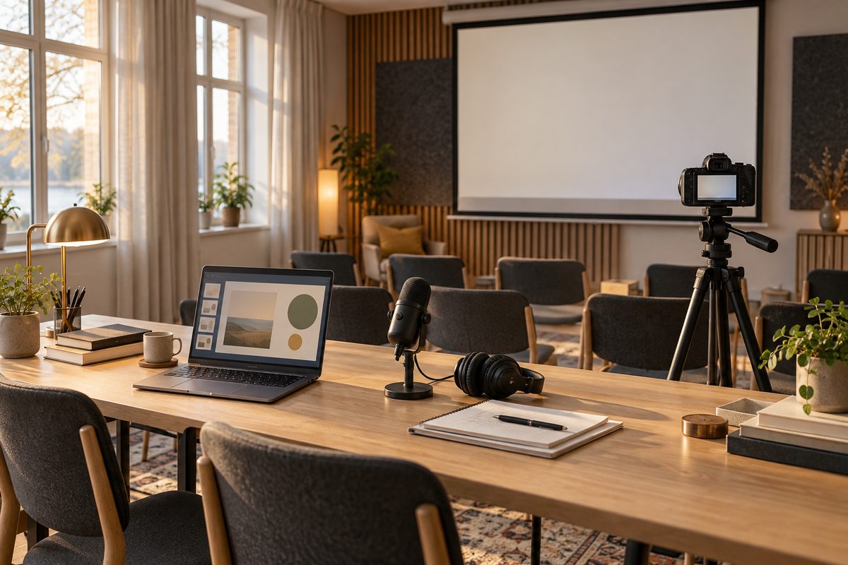 Et kursrom er rigget med kamera, mikrofon, hodetelefoner og laptop foran en tom lerretsskjerm.