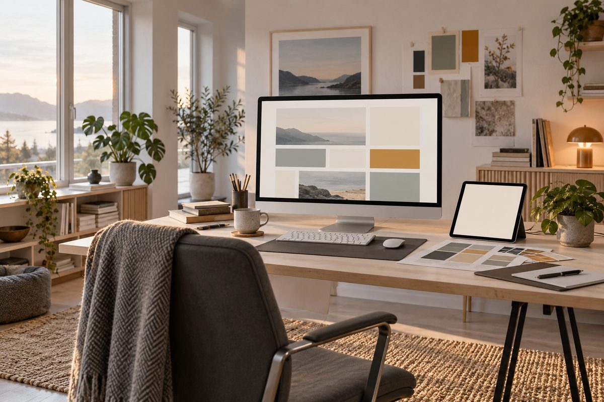 Et nordisk arbeidsrom med skjermens fargeblokker, nettbrett, fargeprøver og grønne planter ved et stort vindu.