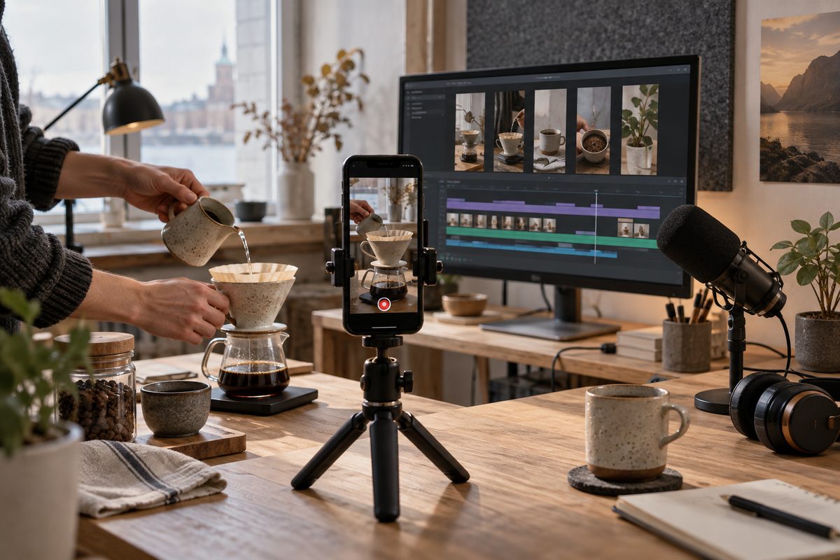 En mobil på stativ filmer hender som brygger kaffe, med mikrofon, hodetelefoner og en redigeringsskjerm i bakgrunnen.