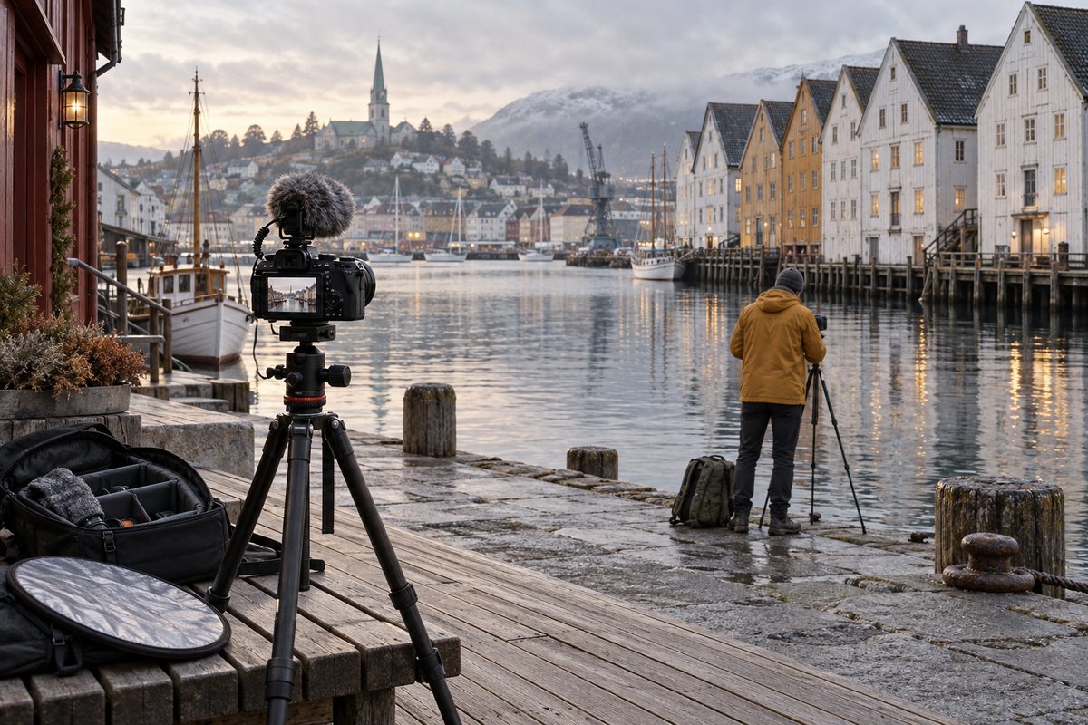 Kamera med mikrofon og utstyrsbag står på en brygge mens en person i gul jakke filmer havnen med trehus langs vannet.
