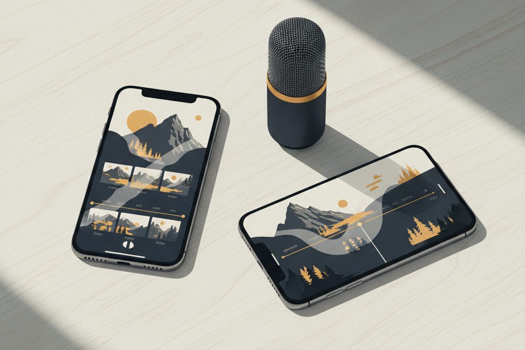 To mobiltelefoner med videoklipp og tidslinje ved siden av en liten mikrofon